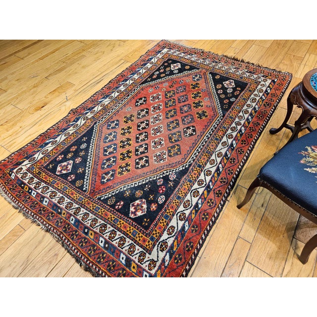 1900 - 1909 Vintage Persian Qashqai Tribal Area Rug, Hand-Knotted Wool, Geometric Pattern, 5x7, Rust & Navy For Sale - Image 5 of 16