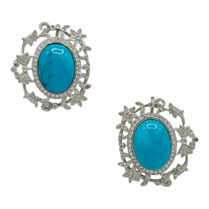 Mid 20th Century Turquoise Oval Cabochon and Round Diamond Earrings in 18k White Gold, A Pair