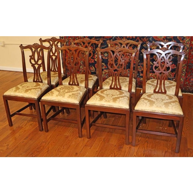 Wood 1980s Set of 10 Kittinger Mahogany Chippendale Dining Chairs With Gold Damask Fabric For Sale - Image 7 of 18