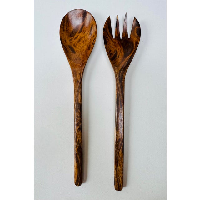 Wood Vintage Hand-Turned Exotic Wood Salad Bowl With Servers - 3 pcs For Sale - Image 7 of 13