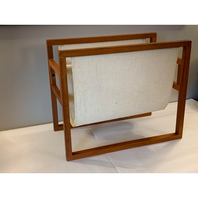Mid 20th Century Vintage Danish Modern Teak & Linen Double Pocket Magazine Holder For Sale - Image 5 of 10