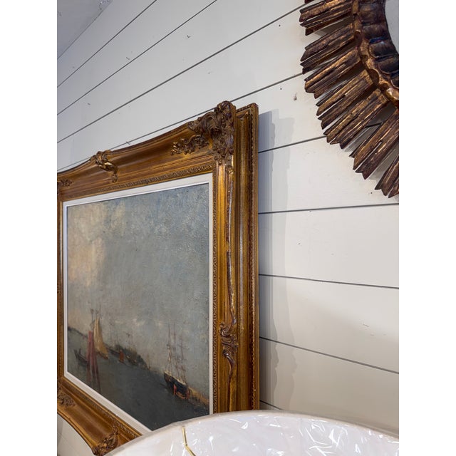 Sky Blue Early 20th Century Oil - Sailing Into the Harbour For Sale - Image 8 of 10