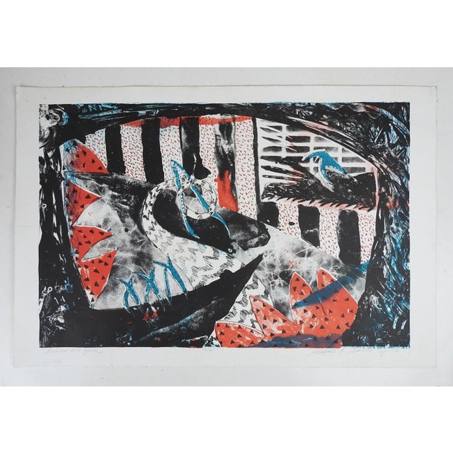 1986 Abstract Black Red Blue Serigraph For Sale - Image 4 of 4