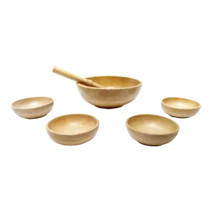 Mid-Century Modern Artisanal Japanese Light Blonde Carved Wood Spoon & Bowls Serving Set - 6 Pieces