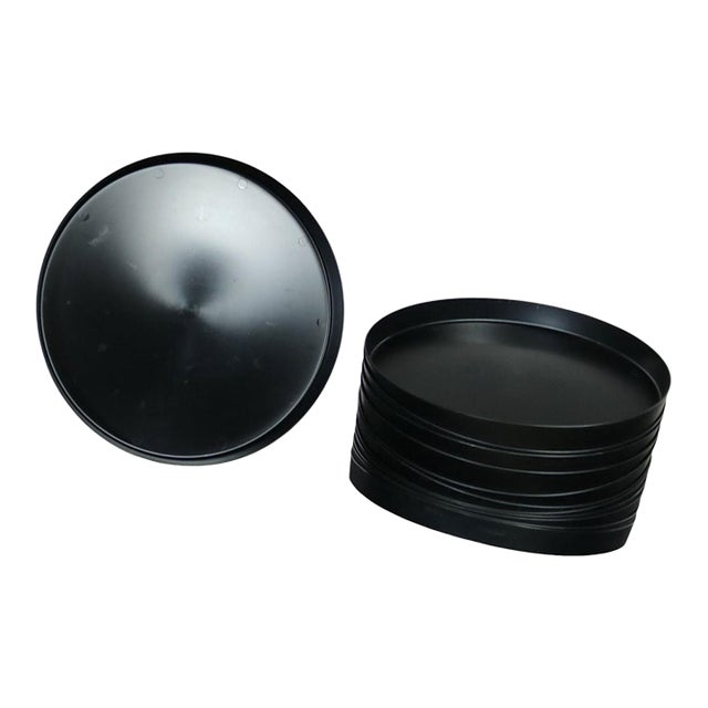 1970s Mid Century Modern Trays Round Black Plastic Splatter Platters by Sabe’s - 12 pcs For Sale
