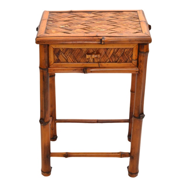 Vintage Bohemian Handcrafted Mid-Century Modern Bamboo & Rattan Side Table With Drawer For Sale