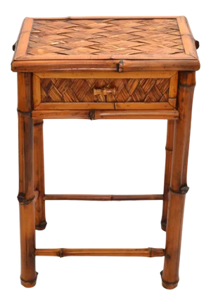 Vintage Bohemian Handcrafted Mid-Century Modern Bamboo & Rattan Side Table With Drawer