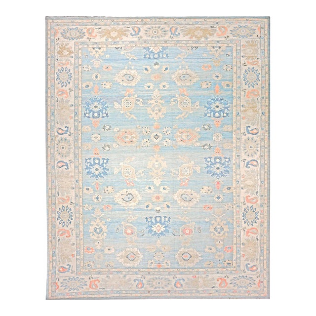21st Century Turkish Sultanabad Wool 15x19 Light Blue & Ivory Handmade Oversized Area Rug #1144185 For Sale