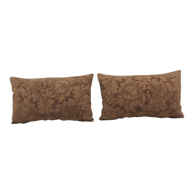 Brown Tone-On-Tone Damask Pattern Decorative Lumbar Pillows - Set of 2 For Sale