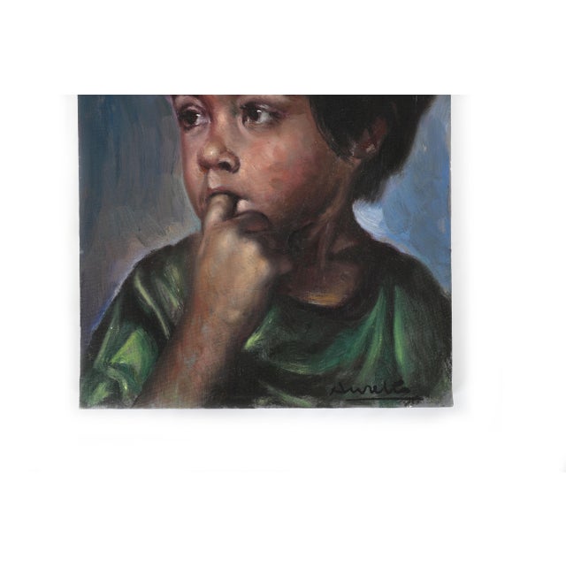 Blue 1960's Original Portrait of a Little Boy Altered With Antlers For Sale - Image 8 of 10
