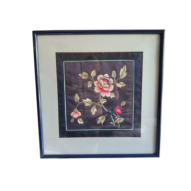 Vintage Asian Silk Embroidery Framed Floral Textile Art Peony on Silk Chinoiserie For Sale - Image 4 of 10