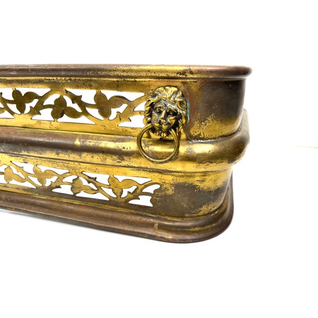1960s Large Hollywood Regency Brass-Finished Fireplace Fender With Lion Head Ring Pulls For Sale - Image 9 of 11