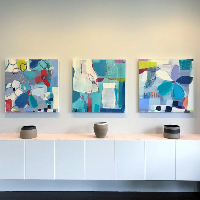 Blue 'Cascade of Blooms' Square Abstract Floral Painting For Sale - Image 8 of 8