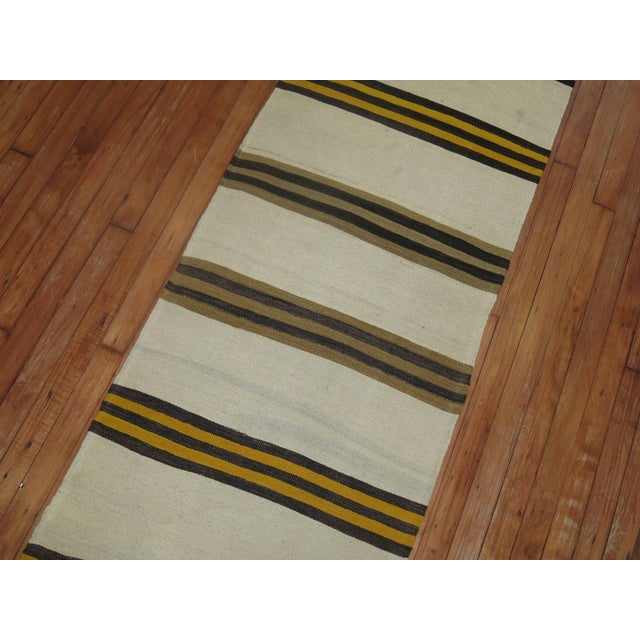 Mid-Century Modern Vintage Zabihi Collection Long Ivory Striped Kilim Long Runner For Sale - Image 3 of 9
