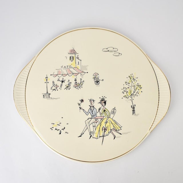 Mid Century Grünstadt Germany Pottery Ceramic Cake Plate "Café de Paris" Vintage 1950s Platter Creme Off white Ivory Gold Rim | French For Sale - Image 11 of 12