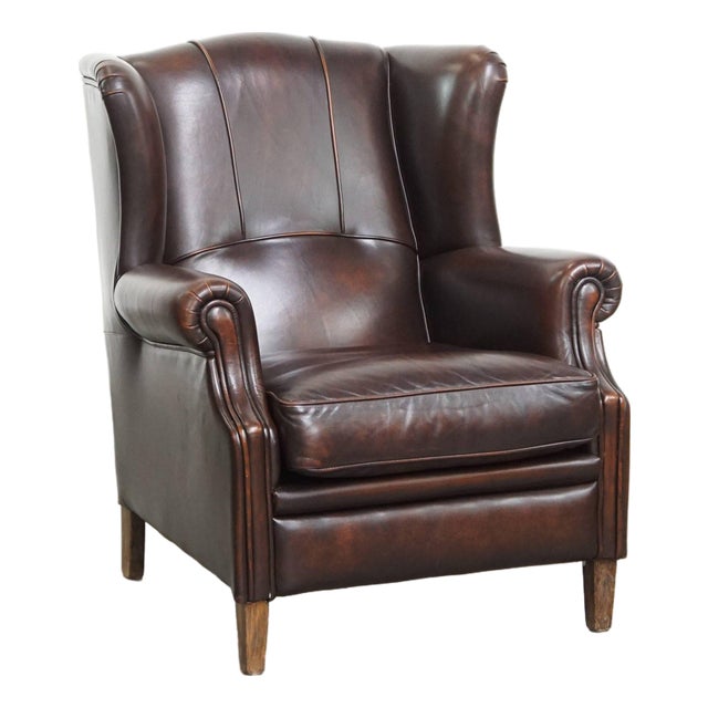 English-Style Wing Chair in Cowhide Leather For Sale