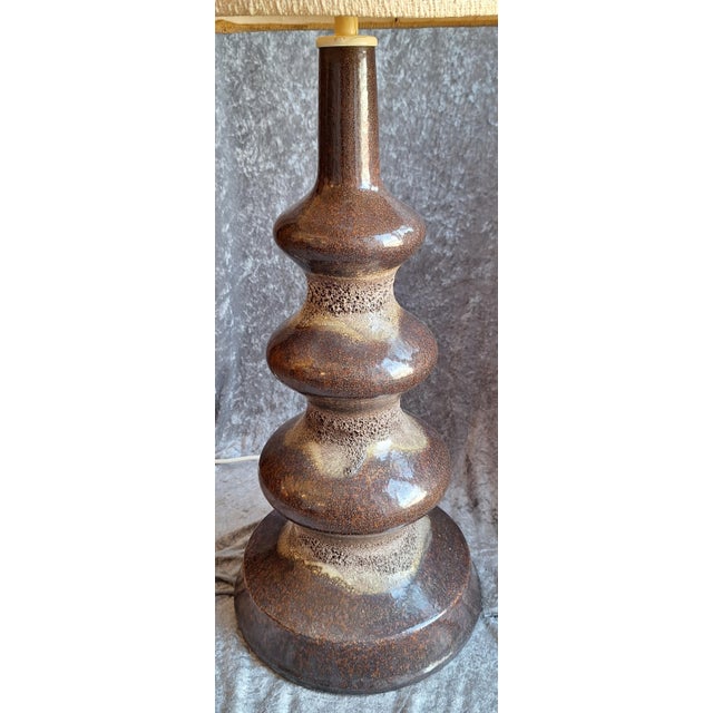 Textile Mid-Century Floor Lamp with Brown Ceramic Base in the Fat Lava with Beige Fabric Shade by Pan, 1960s For Sale - Image 7 of 10