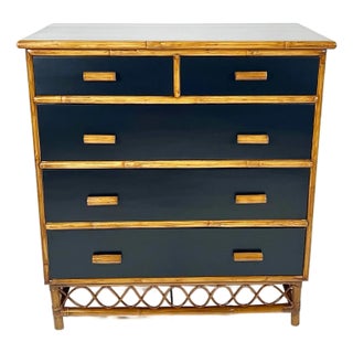 Vintage Black and Rattan Chest of Drawers For Sale