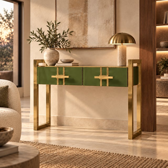 Olive Green Murano Glass Console Table with Brass Accents from Justfurnituress SRL For Sale - Image 10 of 11