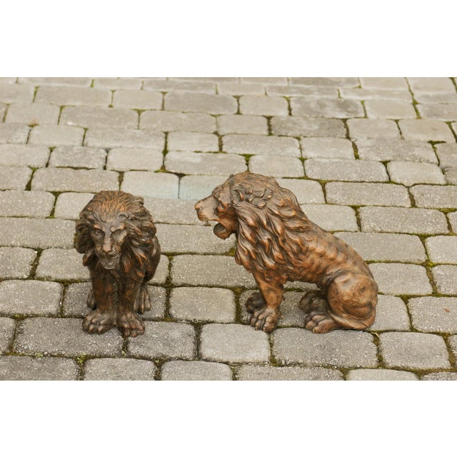 Pair of Italian 1880s Small Walnut Hand Carved Lion Sculptures with Dark Patina For Sale - Image 12 of 12