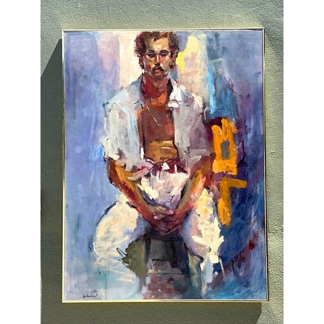 Metal Vintage Original Oil Portrait of Man With Mustache For Sale - Image 7 of 12