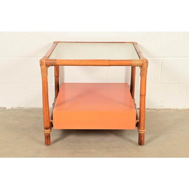 John Wisner for Ficks Reed Mid-Century Hollywood Regency Bamboo Rattan Glass Top Side Table, 1950s For Sale - Image 10 of 12