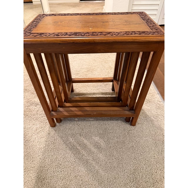 1960s Vintage Hand-Carved Hardwood Nesting Tables Set of 4 With Brass Inlay & Hidden Drawer For Sale - Image 5 of 7