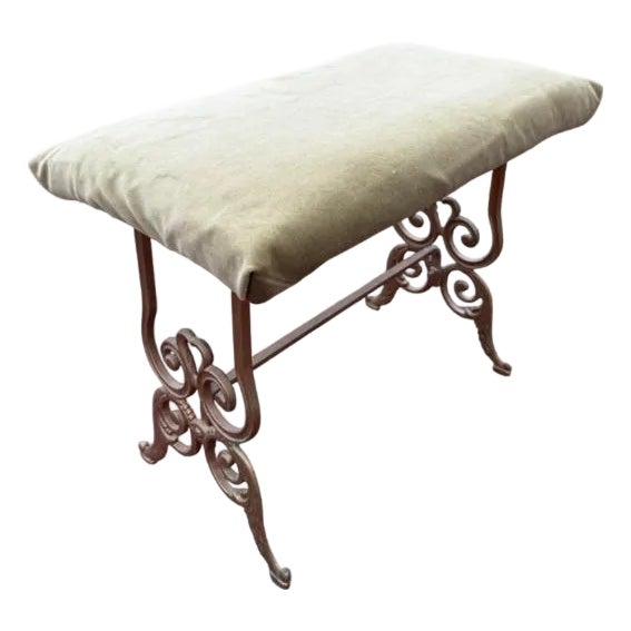 Vintage Cast Metal Ornate Vanity Stool/Bench Velvet Cushion Top Academia Library For Sale