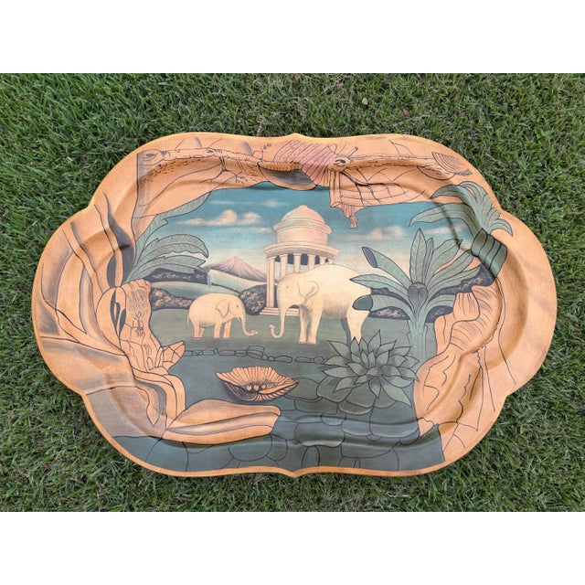 Vintage hand-painted wooden decorative tray featuring a beautifully rendered Asian-inspired landscape with white...