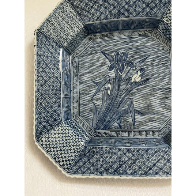 Ceramic Antique Japanese Blue and White Octagonal Plate With Iris Motif For Sale - Image 7 of 14