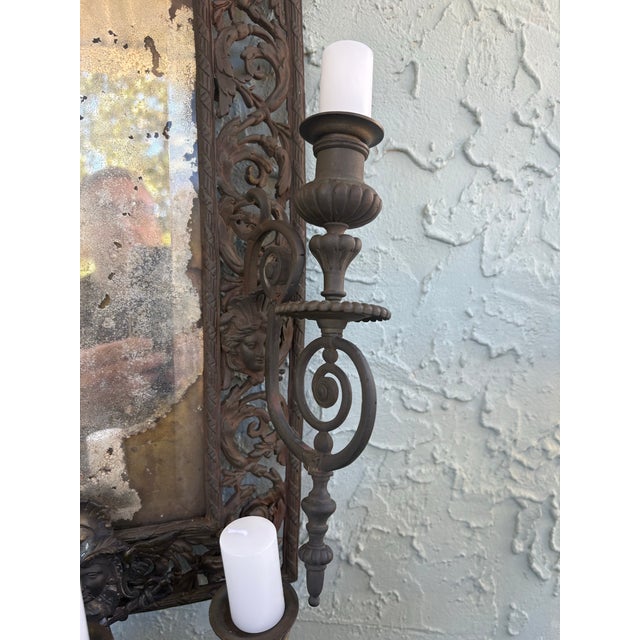 Early 20th Century Antique Baroque Revival Metal Wall Mirror With Integrated Candleholders, Circa 1890–1910 For Sale - Image 5 of 12