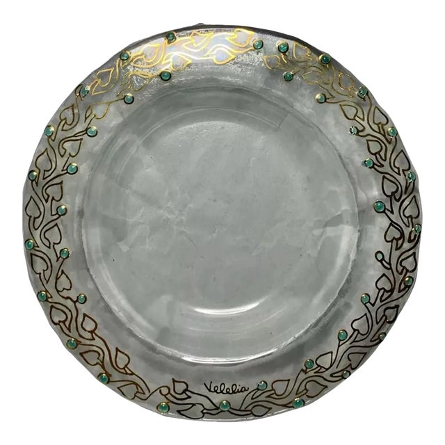Gold Green Stones Glass Plate by Maria Giacomella Simeoni Velelia Made in Rome For Sale