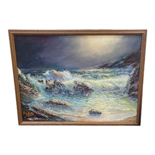 MCM Oil Painting Ocean Rocks Scene For Sale