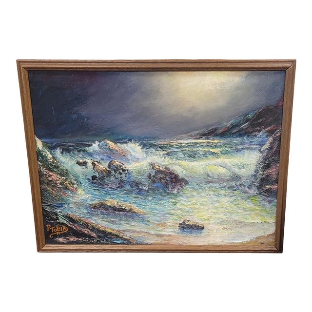 MCM Oil Painting Ocean Rocks Scene For Sale