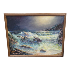 MCM Oil Painting Ocean Rocks Scene