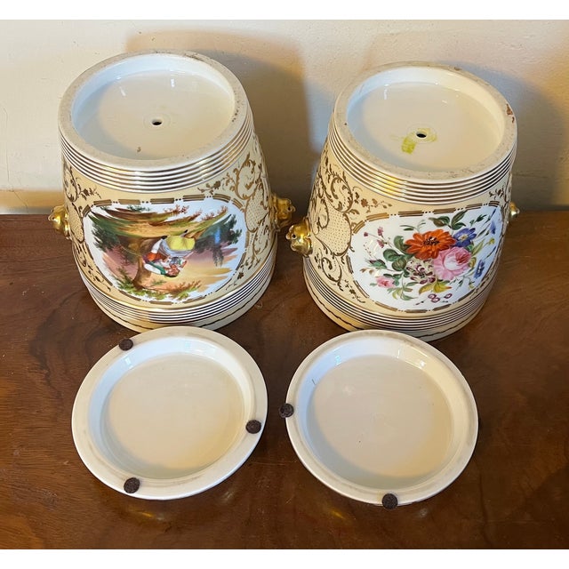 19th Century French Paris Porcelain Apricot Cachepot Planters & Stands With Lion Mask Handles Empire Taste - A Pair For Sale - Image 10 of 15