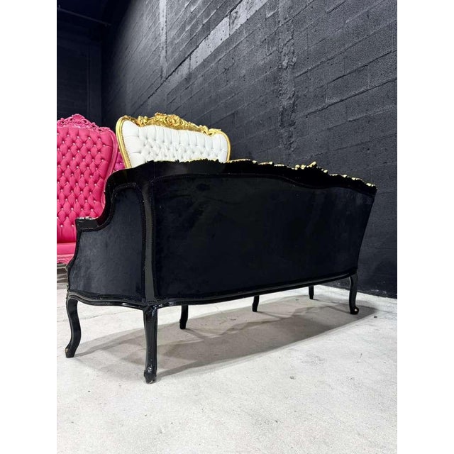 Gothic Black Velvet Sofa With Hand-Applied Gold Leaf Frame For Sale - Image 4 of 9