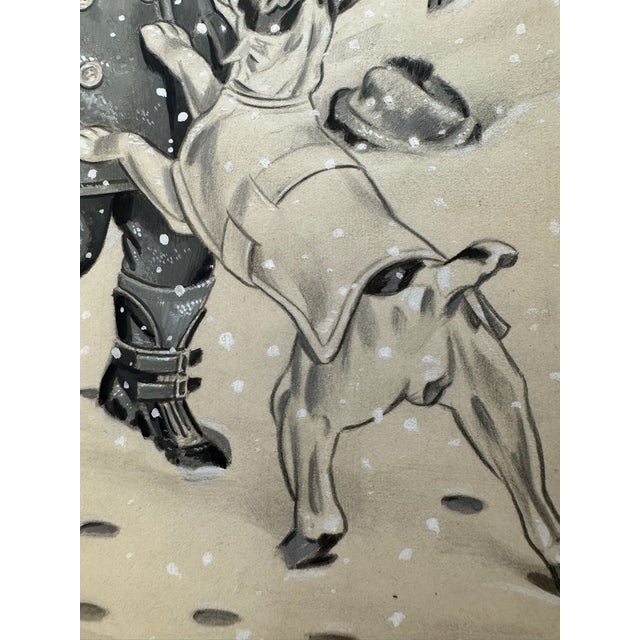 American 1940s Original Signed Graphite Illustration of Child in Snow With Dog, 10.5 × 8 In. For Sale - Image 3 of 6