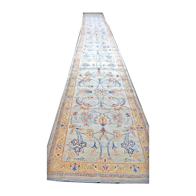 Persian Sultanabad Wool 3x25 Light Blue, Ivory & Gold Handmade Runner Rug #1141320