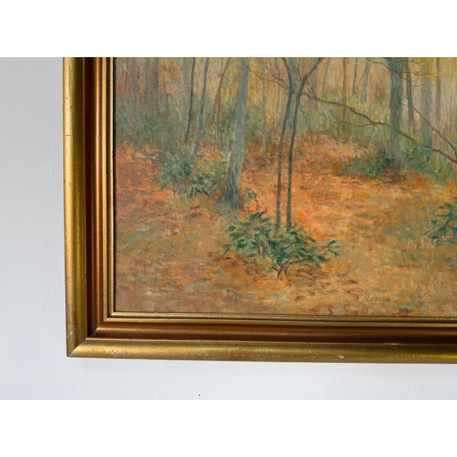 Wood 1970’s Dorothy v. Riley “Tranquil Autumn Scene” Woodland Landscape Oil Painting, Wood Frame For Sale - Image 7 of 12