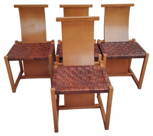 Italian Beech and Woven Leather Chairs, 1970s, Set of 4