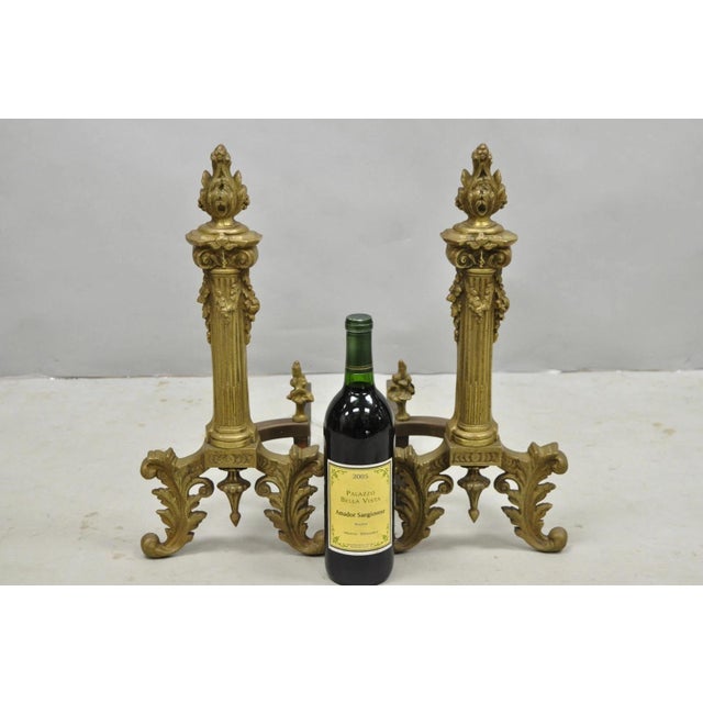 Antique French Empire Style Bronze Corinthian Column Fireplace Andirons - a Pair. Circa Early 20th Century. Measurements:...