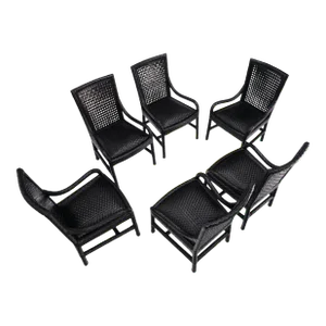 Unusual Set of 6 Black Leather Strap Weaved Dining Arm Chairs Mid Century Moder