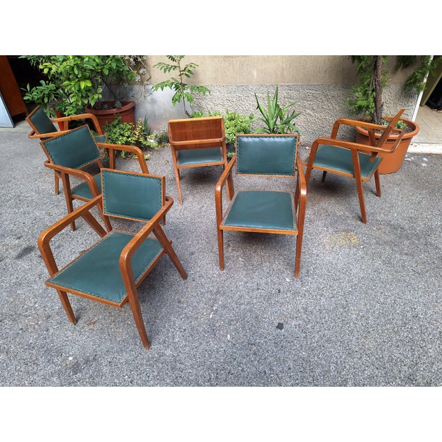 Armchairs in Walnut and Green Leather by Franco Albini, Set of 6 For Sale - Image 16 of 16