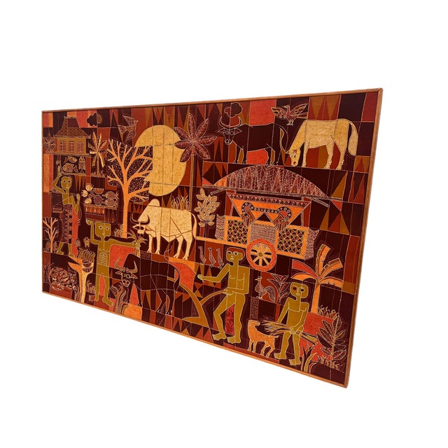 Vintage African Folk Art Batik Fabric Painting Art with Mid Century Modern Influence and wooden outer Framing. In good...