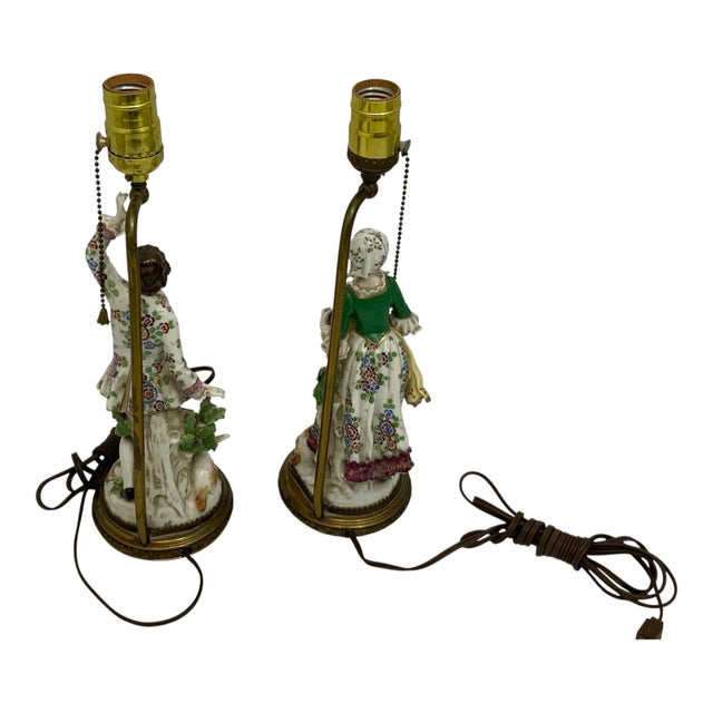Antique Samson of Paris Chelsea-Style Porcelain Shepherd & Shepherdess Table Lamps - Pair For Sale - Image 4 of 4