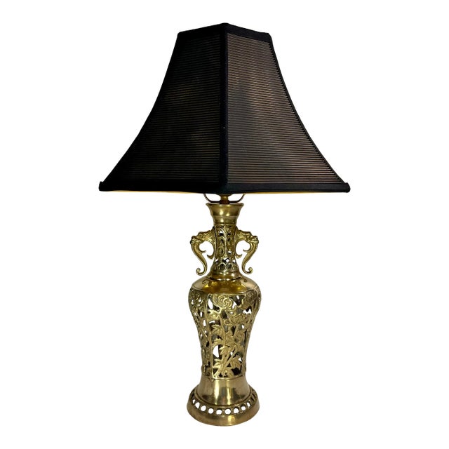 Vintage James Mont Style Reticulated Brass Table Lamp With Bamboo Cherry Blossom and Crane With Black Shade For Sale