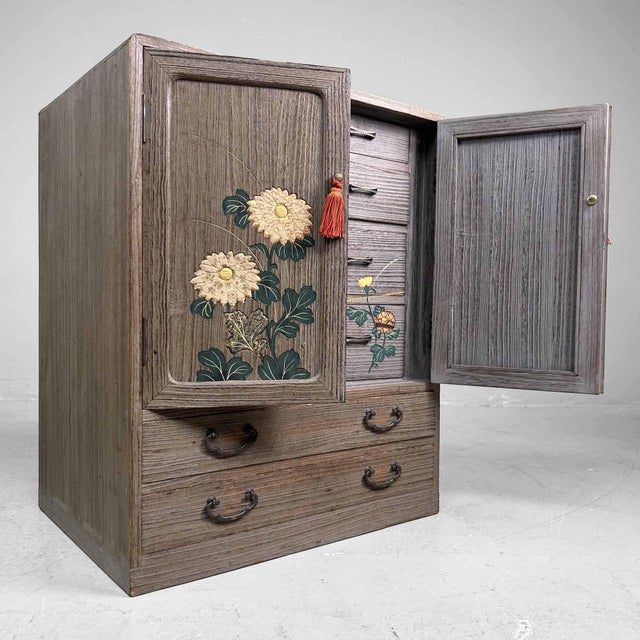 Mid-Century Modern Vintage Tansu Storage Cabinet with Floral Decor, 1960s For Sale - Image 3 of 18