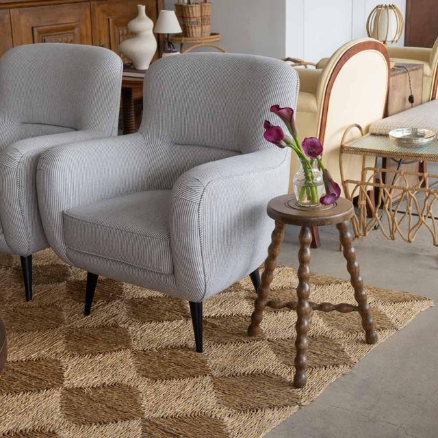 Vintage wood stool with beautiful wavy wood legs from France. Circular seat with unique carved ring detail on top....