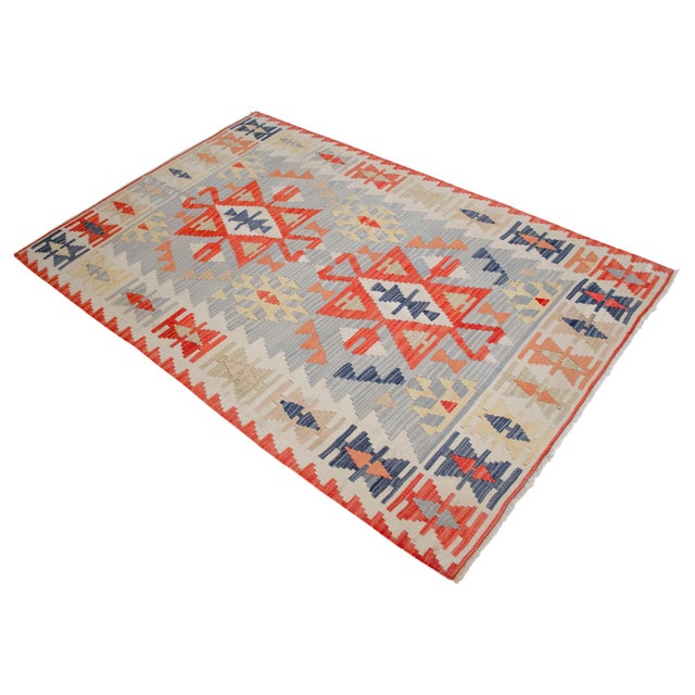 Blue Vintage Turkish Kilim – Handwoven Wool Flat Weave Rug With Tribal Geometric Design For Sale - Image 8 of 12